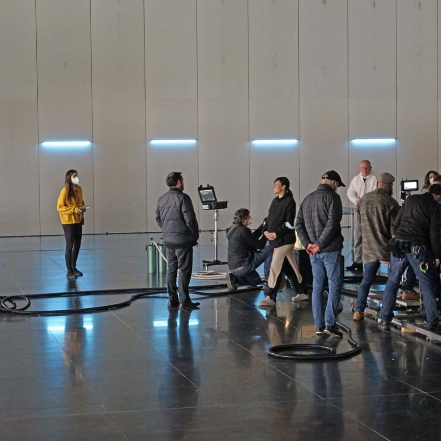 Imagen del rodaje en el Pabellón de la Navegación de Sevilla